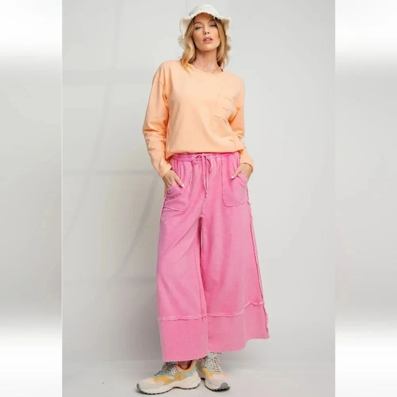 Easel Hot Pink Legs Up Washed Terry Knit Wide Leg Palazzo Pants New